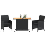 3 Piece Bistro Set with Cushions Black Poly Rattan