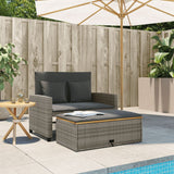 Garden Sofa with Cushions 2-Seater Grey Poly Rattan&Acacia Wood - Side View