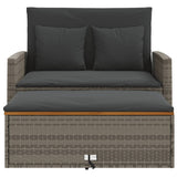 Garden Sofa with Cushions 2-Seater Grey Poly Rattan&Acacia Wood - Rear View