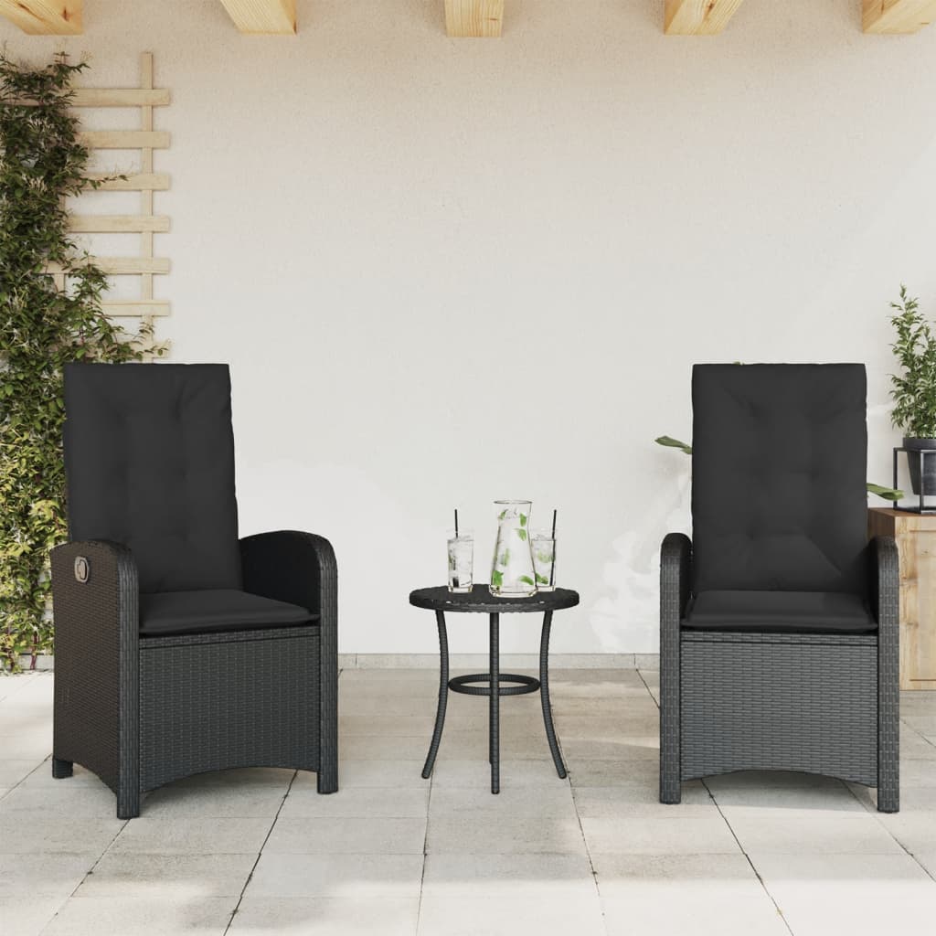 3 Piece Bistro Set with Cushions Black Poly Rattan