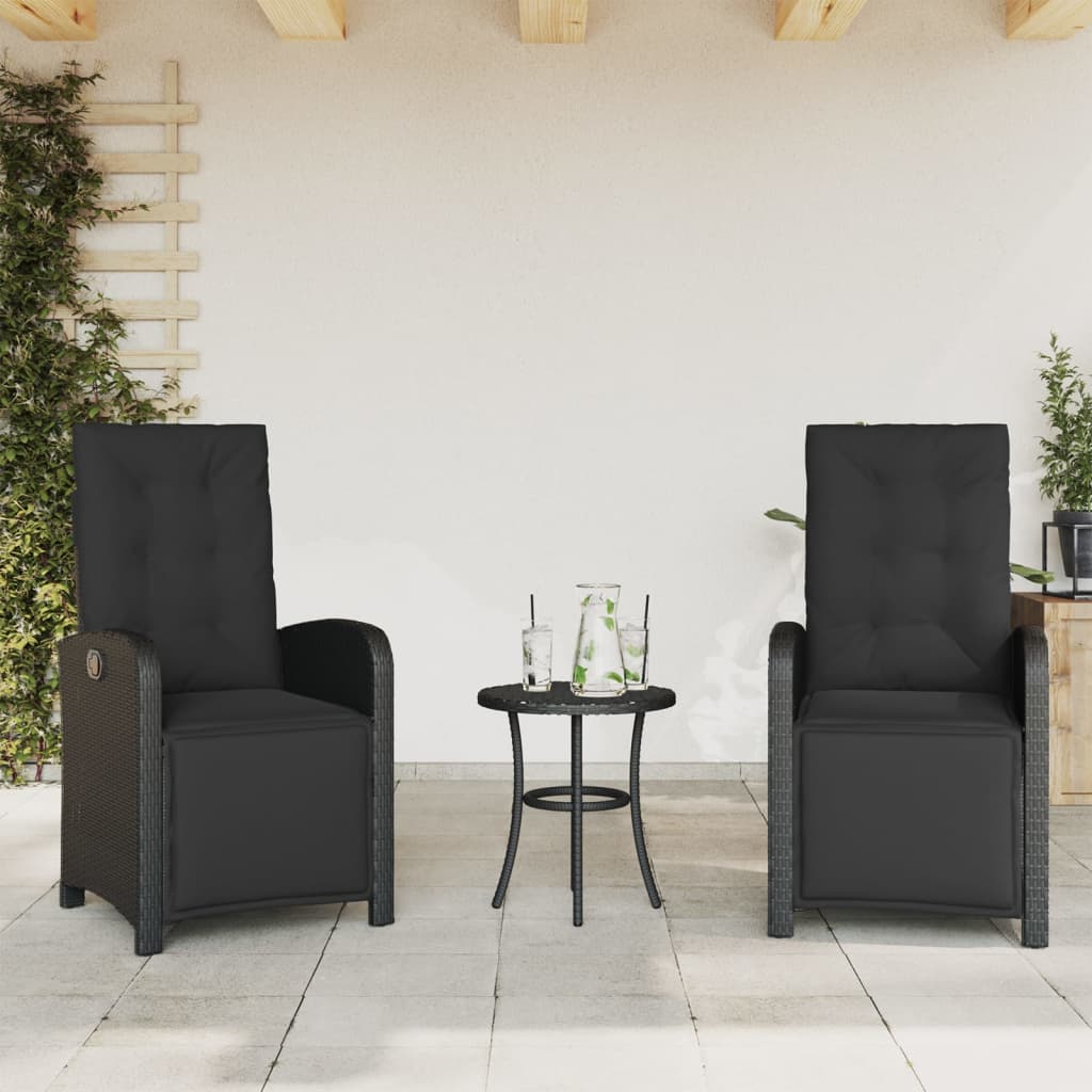 3 Piece Bistro Set with Cushions Black Poly Rattan