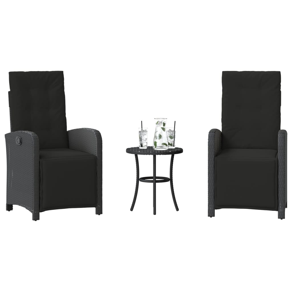 3 Piece Bistro Set with Cushions Black Poly Rattan