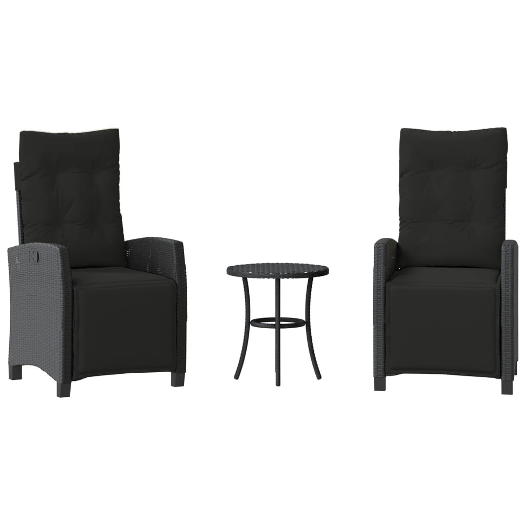 3 Piece Bistro Set with Cushions Black Poly Rattan
