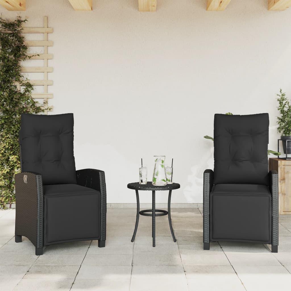 3 Piece Bistro Set with Cushions Black Poly Rattan