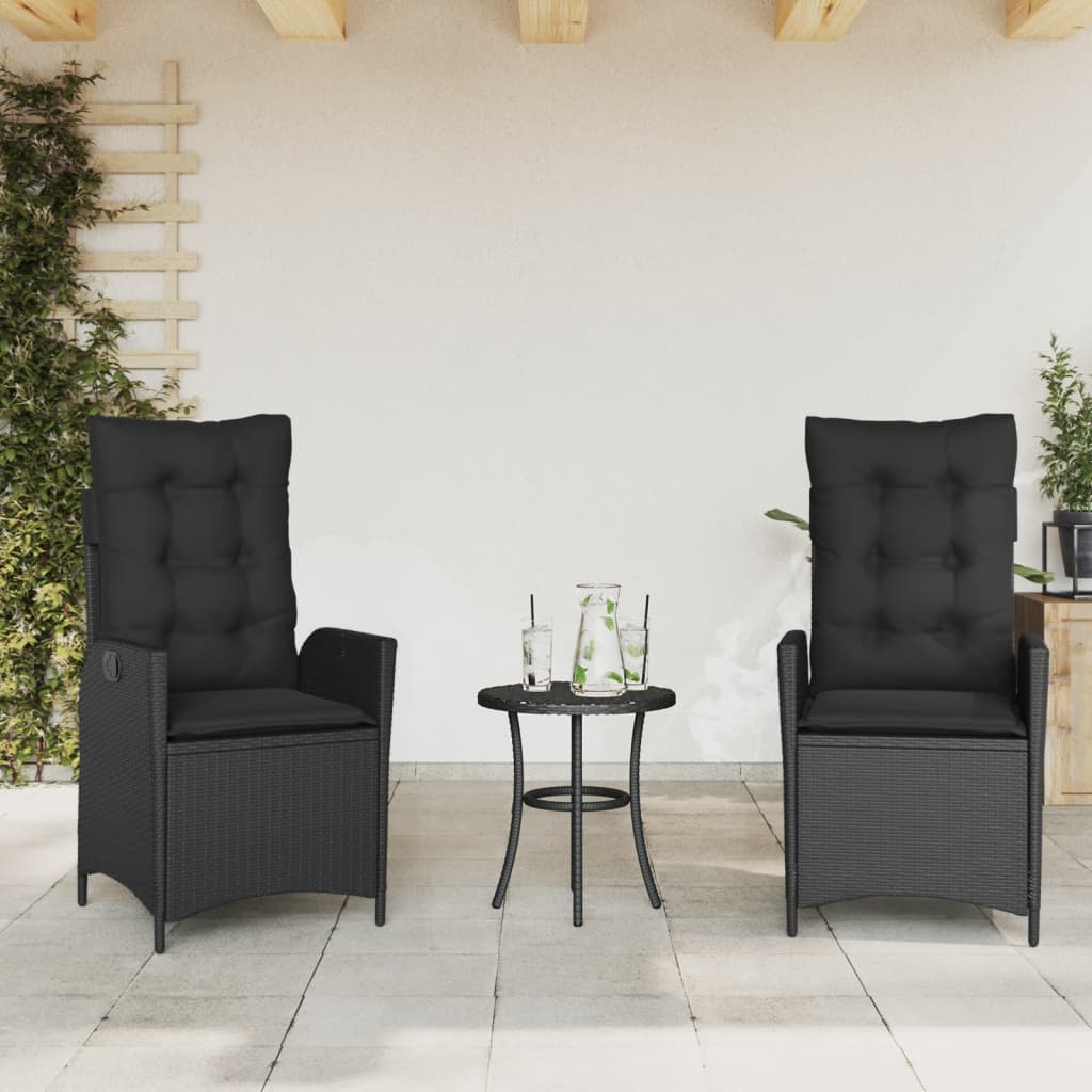 3 Piece Bistro Set with Cushions Black Poly Rattan