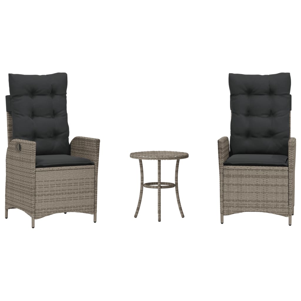 3 Piece Bistro Set with Cushions Grey Poly Rattan