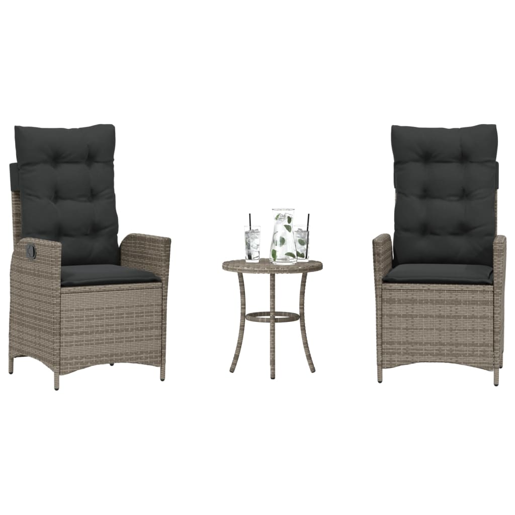 3 Piece Bistro Set with Cushions Grey Poly Rattan