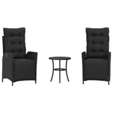 3 Piece Bistro Set with Cushions Black Poly Rattan - Front View
