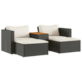 5 Piece Garden Sofa Set with Cushions Black Poly Rattan Acacia - Front View