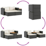 5 Piece Garden Sofa Set with Cushions Black Poly Rattan Acacia