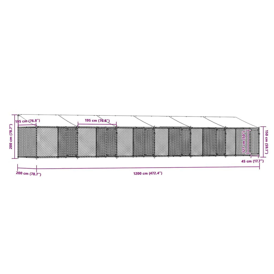 Dog Cage with Roof and Doors Grey 12x2x2 m Galvanised Steel