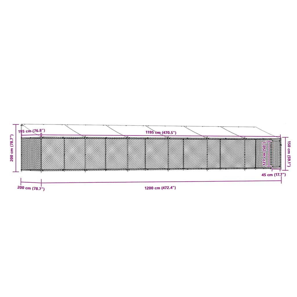 Dog Cage with Roof and Door Grey 12x2x2 m Galvanised Steel