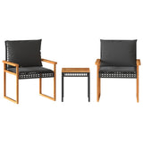 3 Piece Bistro Set with Cushions Black Poly Rattan Acacia Wood