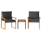 3 Piece Bistro Set with Cushions Black Poly Rattan Acacia Wood - Front View