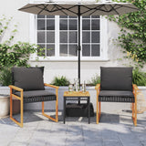 3 Piece Bistro Set with Cushions Black Poly Rattan Acacia Wood - Side View