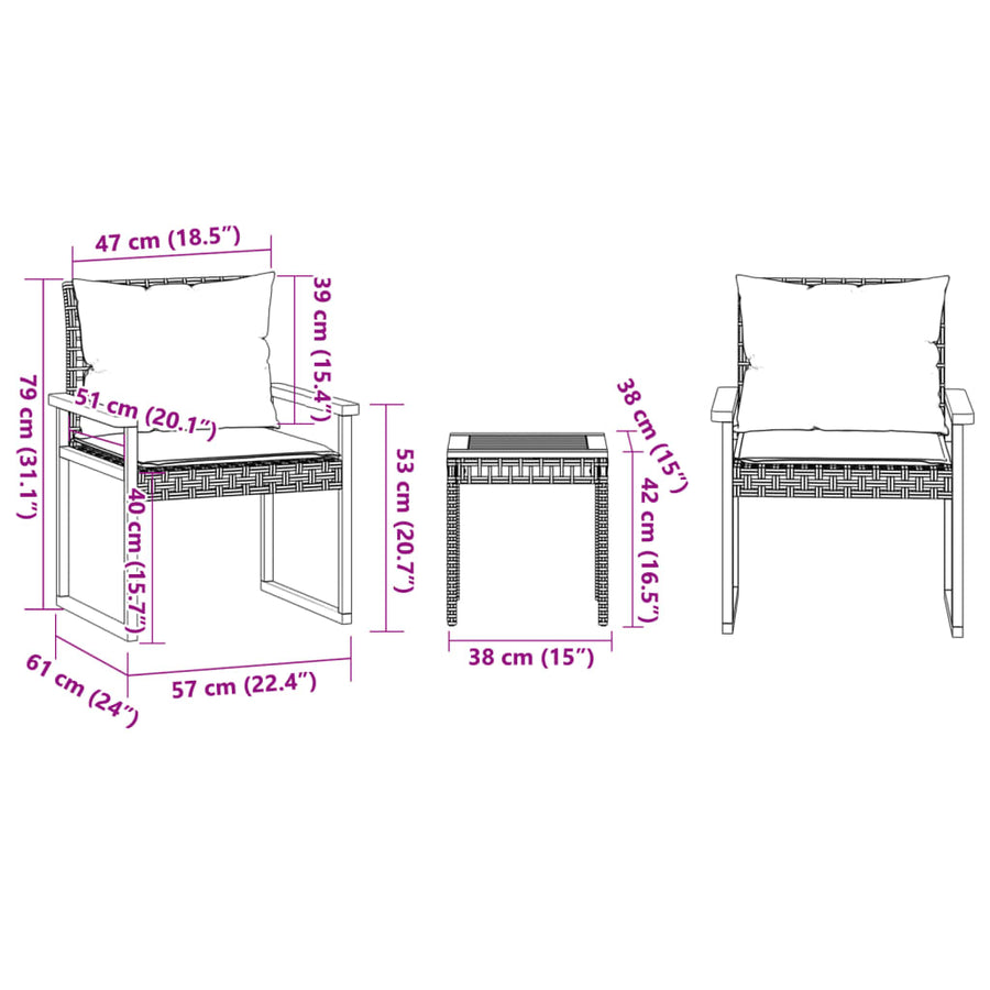3 Piece Bistro Set with Cushions Mix Beige Acacia Wood