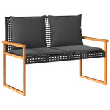 Garden Bench with Cushion Black Poly Rattan Acacia Wood - Front View