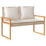 Garden Bench with Cushion Mix Beige Poly Rattan Acacia Wood - Front View