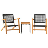 3 Piece Bistro Set Black Poly Rattan and Solid Wood Acacia - Front View