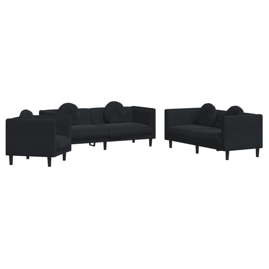 3 Piece Sofa Set with Pillows Black Velvet