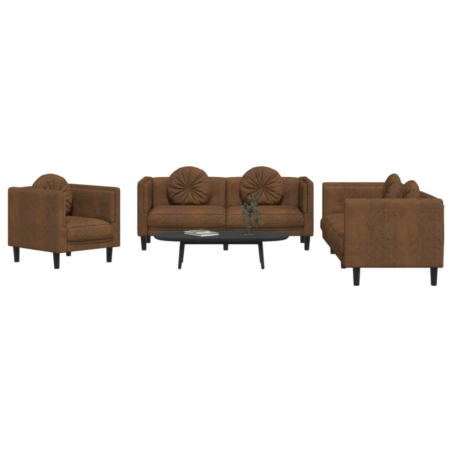 3 Piece Sofa Set with Pillows Brown Velvet