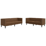 2 Piece Chesterfield Sofa Set Brown Faux Suede Leather - Front View