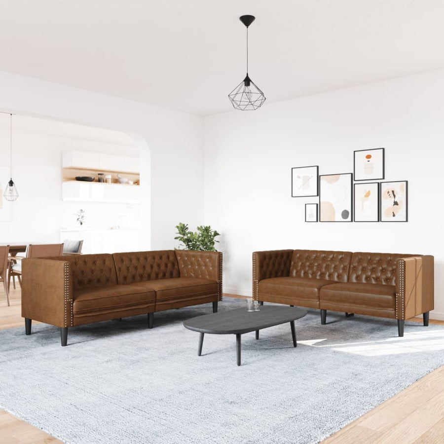 2 Piece Chesterfield Sofa Set Brown Faux Suede Leather