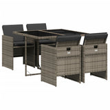 5 Piece Garden Dining Set with Cushions Grey Poly Rattan - Front View