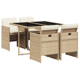 5 Piece Garden Dining Set with Cushions Beige Poly Rattan - Front View