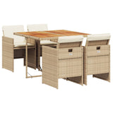 5 Piece Garden Dining Set with Cushions Beige Poly Rattan - Front View