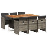 7 Piece Garden Dining Set with Cushions Grey Poly Rattan - Front View