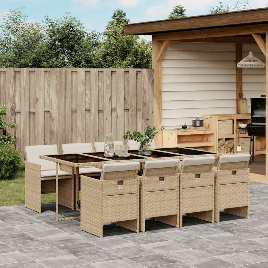 9 Piece Garden Dining Set with Cushions Beige Poly Rattan