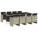 9 Piece Garden Dining Set with Cushions Light Grey Poly Rattan - Front View