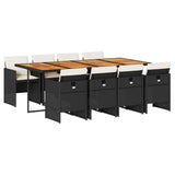 9 Piece Garden Dining Set with Cushions Black Poly Rattan - Front View