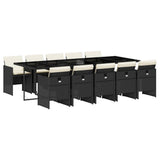 11 Piece Garden Dining Set with Cushions Black Poly Rattan - Front View