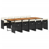 11 Piece Garden Dining Set with Cushions Black Poly Rattan - Front View