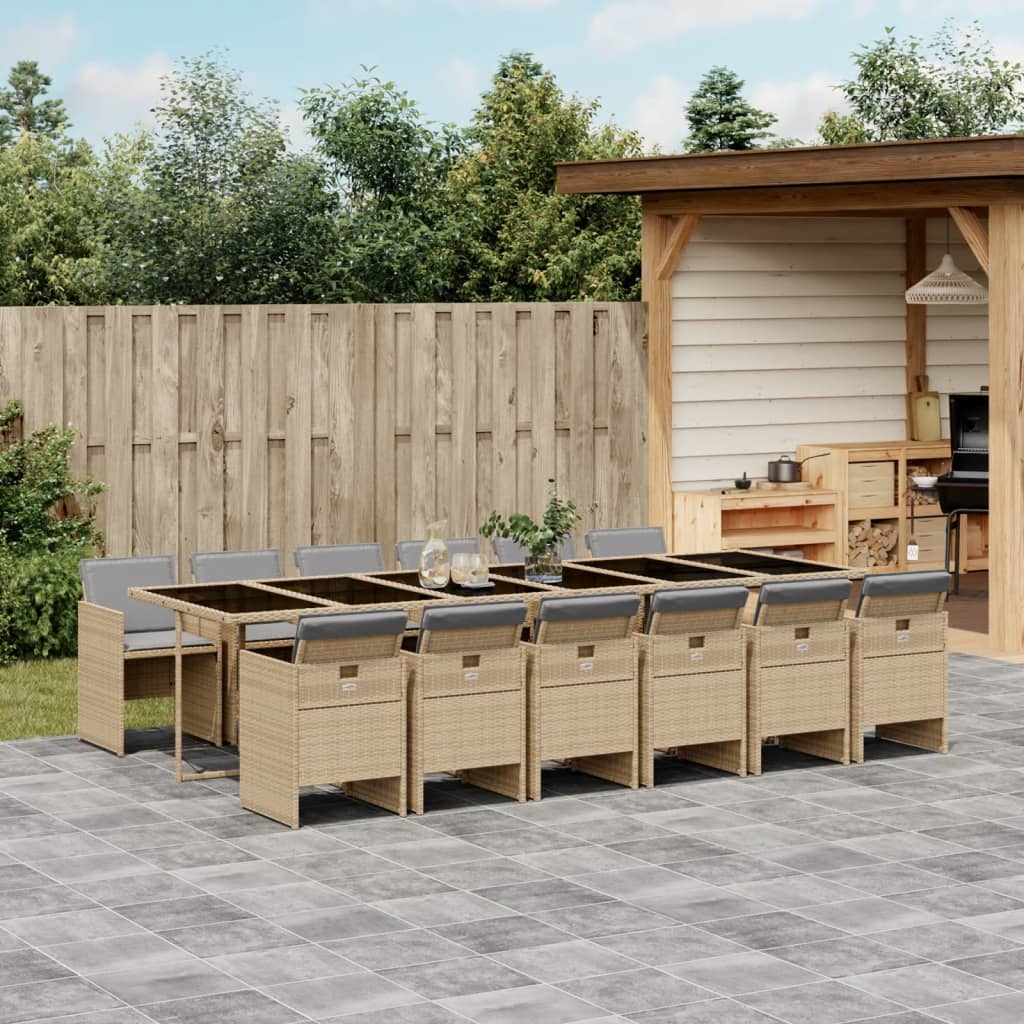 13 Piece Garden Dining Set with Cushions Mix Beige Poly Rattan
