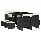 9 Piece Garden Dining Set with Cushions Black Poly Rattan - Front View