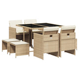 9 Piece Garden Dining Set with Cushions Beige Poly Rattan - Front View