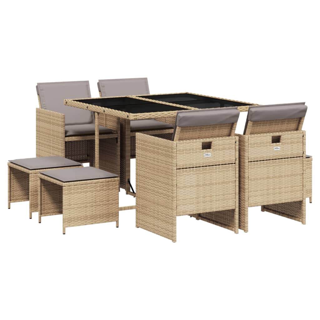 9 Piece Garden Dining Set with Cushions Mix Beige Poly Rattan