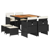 9 Piece Garden Dining Set with Cushions Black Poly Rattan - Front View