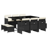 11 Piece Garden Dining Set with Cushions Black Poly Rattan - Front View