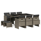11 Piece Garden Dining Set with Cushions Grey Poly Rattan - Front View