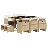 11 Piece Garden Dining Set with Cushions Beige Poly Rattan - Front View