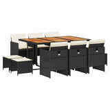 11 Piece Garden Dining Set with Cushions Black Poly Rattan - Front View