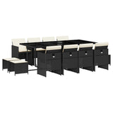 13 Piece Garden Dining Set with Cushions Black Poly Rattan - Front View