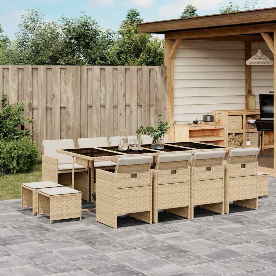 13 Piece Garden Dining Set with Cushions Beige Poly Rattan