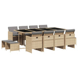13 Piece Garden Dining Set with Cushions Mix Beige Poly Rattan - Front View