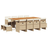13 Piece Garden Dining Set with Cushions Beige Poly Rattan