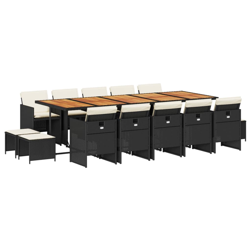 15 Piece Garden Dining Set with Cushions Black Poly Rattan